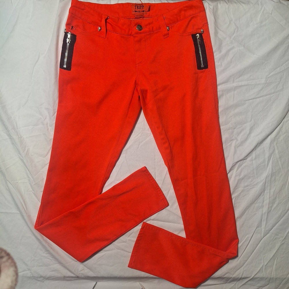 Tripp NYC Womens Neon Orange Skinny Jeans Punk Goth Skull Zipper Low Rise Pants